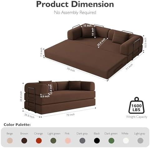 79in Boneless Couch Convertible Futon Sofa Bed Queen - Image 2