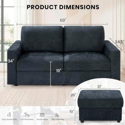 69” Chenille Loveseat Couch W/Two Movable Ottoman - Image 3