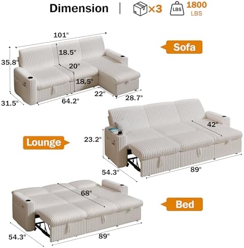 Sunny Heart 101" Plush Corduroy L Shaped Sectional Sleeper Sofa Bed - Image 2