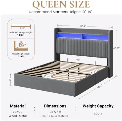 SHA CERLIN Queen Size LED Lift Up Storage Bed Frame Charging Station - Image 2