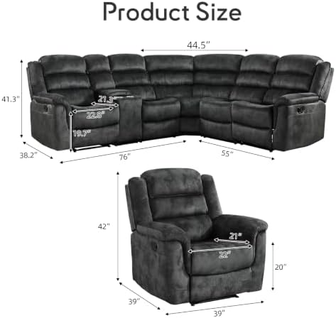 EBELLO Manual Reclining L-Shaped Sectional Sofa Set, Included Soft Fabric - Image 2