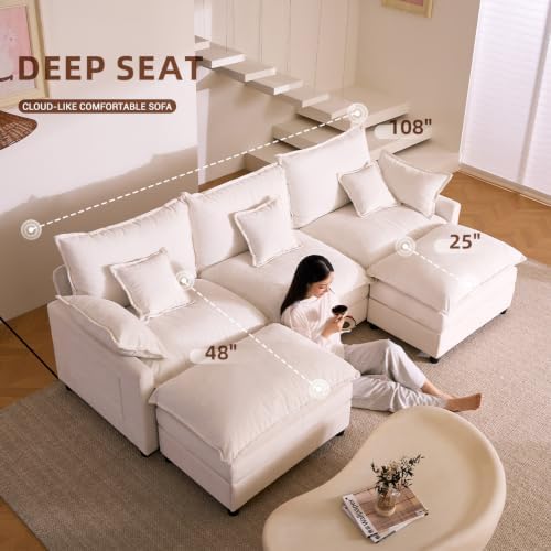 GOSUHI 108" U-Shaped Modular Cloud Couch, Deep Seat, Chenille Ivory - Image 4