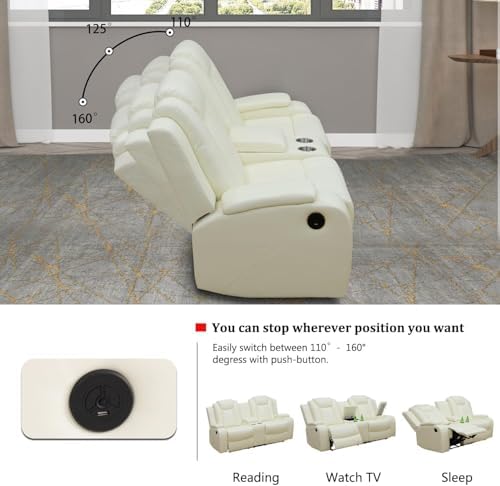 Cream White Power Recliner Sofa Set, Breathing Leather Reclining Couch Set - Image 5