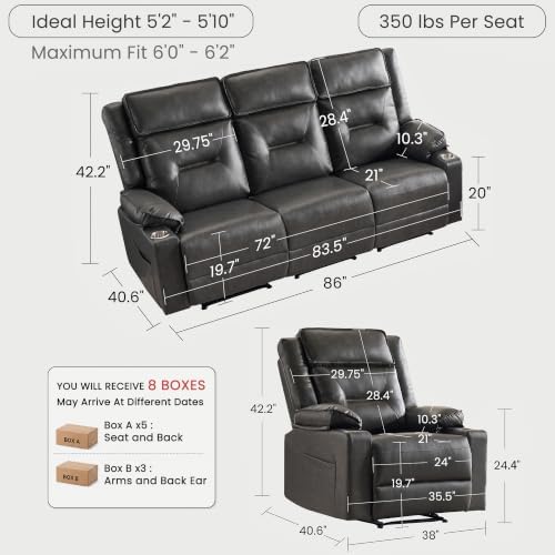 3-Piece Recliner Sofa Set, 2 Single Chairs & 3-Seater Reclining Couch - Image 2
