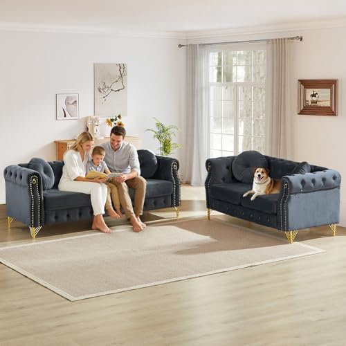 2 Pieces Mid Century Modern Chesterfield Sofa Set, Upholstered Button Tufted - Image 3