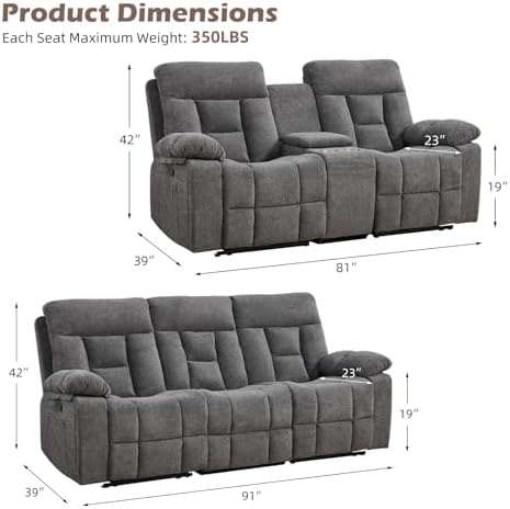 CANMOV Recliner Sofa Set, 3 Seat Recliner Sofa and Manual Loveseat - Image 2