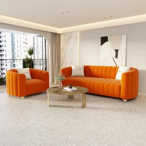 2-Piece Orange Velvet Tufted Sofa Set by yunqishiHOME