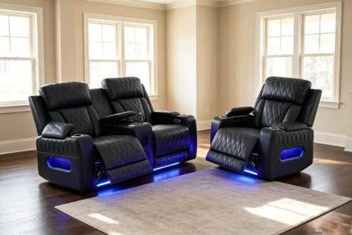 Power Reclining Loveseat with LED Light, Leather Reclining Sectional Loveseat by COSYMOORFURNITURE