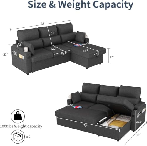 81" L-Shaped Sectional Sofa Couch, Pull-Out Sleeper Sofa Bed - Image 2