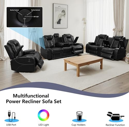 Power Recliner Sofa Set with LED, Air Leather Reclining Sofa Set, 3 Piece - Image 4