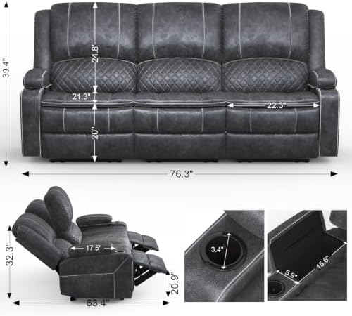 Yolsali 3 Seater Reclining Sofa, Reclining Couch Wall Hugger - Image 2