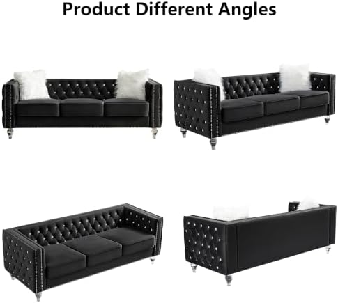 Aoowow Chesterfield 3 Seater Sofa Diamond Button Tufted, Modern Velvet Black 3 - Image 6