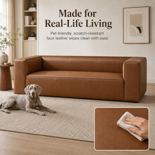 90.94-Inch Cognac Tan Faux Leather Sofa, Modern 3-Seater Couch - Image 5
