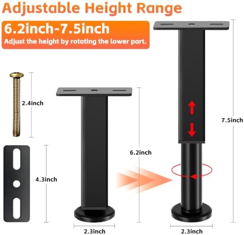 6 PCS Adjustable Height Bed Support Legs, 6.2-7.5 in Metal Bed Risers - Image 3
