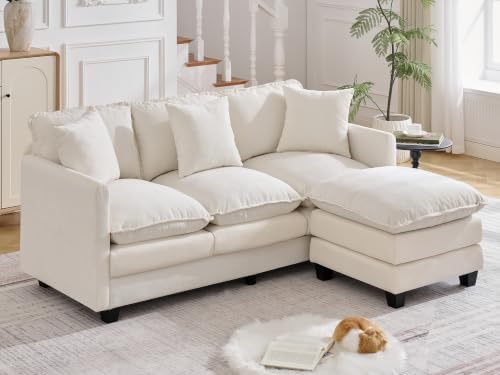 72'' Cloud 3 Seater Couch with Ottoman, L Shaped Sofa with 3 Throw Pillows by HOCAT