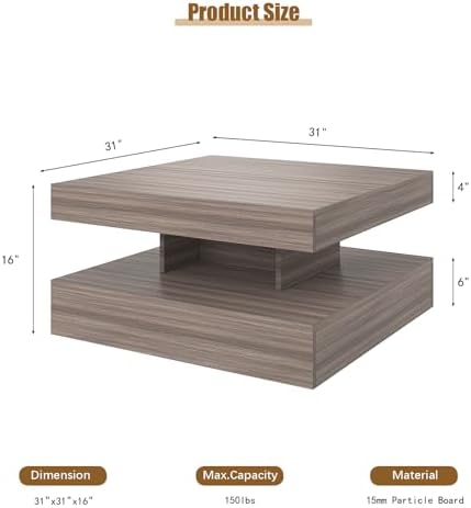HedoAjim LED Coffee Table for Living Room, Living Room Table 2-Tier Square - Image 2