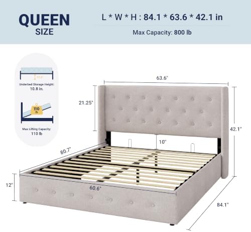 Allewie Queen Size Lift Up Storage Button-Tufted Bed Frame Light Beige - Image 2