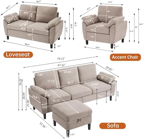 3 Pieces Sectional Sofa Set, 3-Seat L Shaped Couch - Image 2