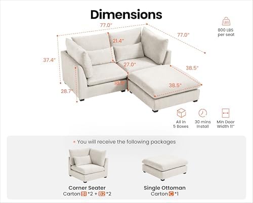77" Oversized Chenille Modular Sectional Sofa Couches - Image 2