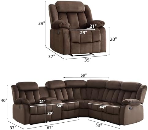 EBELLO Manual Reclining L-Shaped Sectional Sofa Set, Soft Fabric Corner Couch - Image 2