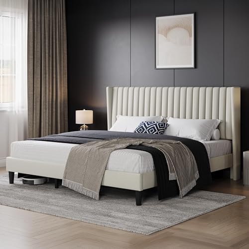 Yaheetech King Bed Frame with Headboard, Ivory Channel-Tufted Platform - Image 3