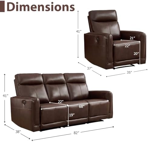 CANMOV Genuine Leather Power Recliner Sofa Set, Power Reclining Couch Set - Image 2