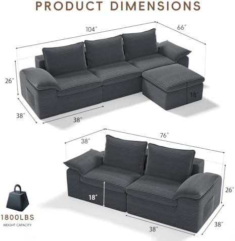2Pcs Cloud Sectional Couch Sets, Convertible Modular Sofa. Grey - Image 2