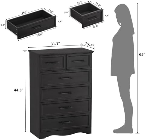 YANSNWO Black 6 Drawer Dresser for Bedroom - Image 3
