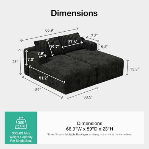 Novilla Modular Sectional Sofa Bed Boneless Couch, Corduroy Black - Image 2