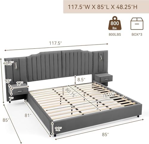 King Size Bed Frame with LED Lights and Nightstands, Modern Velvet Upholstered - Image 2