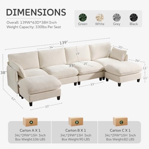 Ihanherry 139" U-Shaped Modular Sectional Couch, Oversized Cloud Sofa - Image 2