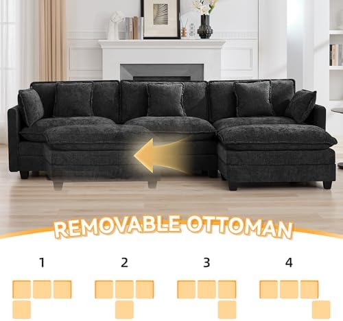 111'' Sectional Cloud Deep Seat Couch, Modern Comfy Chenille L Shaped Sectional - Image 6