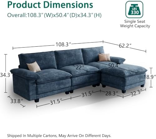 108" Modular Sectional Couch, L Shaped Cloud Sofa - Image 2