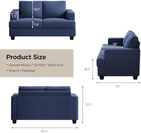 COPIAE 63 Inch Sofa with Extra Deep Seats Oversize, Linen Fabric 2 Seater Sofa - Image 2