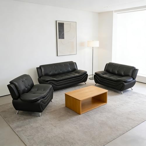 Modern 3 Piece Couch Set, Faux Leather Sofa by Unknown