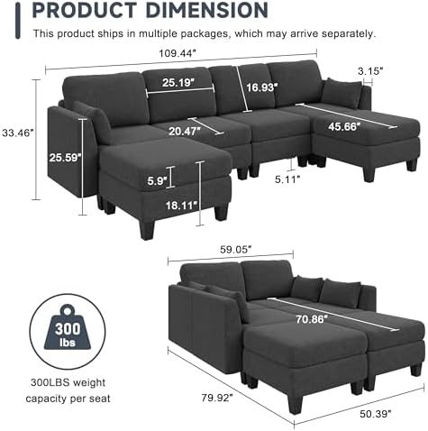Modular Sectional Sofa, 6 Seat Modular Sleeper Sofa Couch, Dark Grey - Image 3