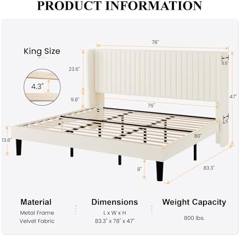 SHA CERLIN King Size Velvet Bed Frame, Tufted Wingback Headboard - Image 2