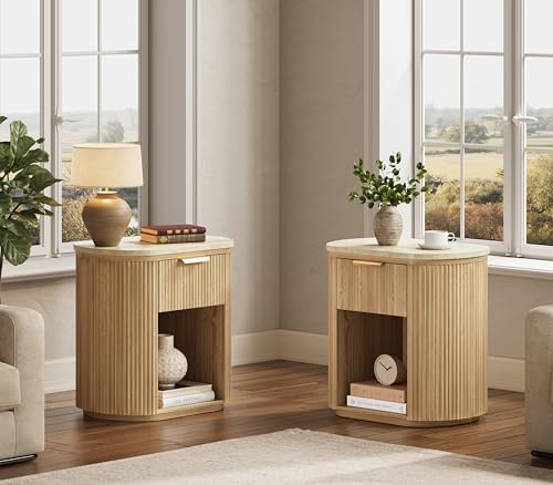 Fluted Marble Nightstand Set of 2 23.6"Large Round Bedside Table Oak - Image 4