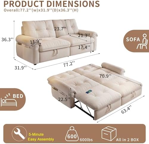 77.2" Sleeper Sofa Bed Full, Pre-Assembled Flannel Pull Out Sofa - Image 2