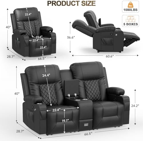 YONISEE Living Room Furniture Set, Loveseat Recliner and 2PC Massage Recliner - Image 2