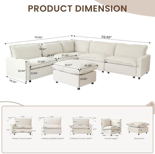 V-Shaped Power Recliner Cloud Couch Sectional, 5 Seater Modular Sectional Sofa - Image 2