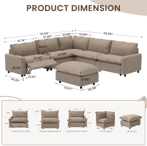 V-Shaped Power Recliner Cloud Couch Sectional, 5 Seater Modular Sectional Sofa - Image 2