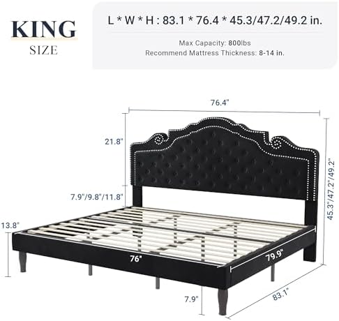 Allewie King Bed Frame with Adjustable Velvet Tiara Headboard, Upholstered - Image 2