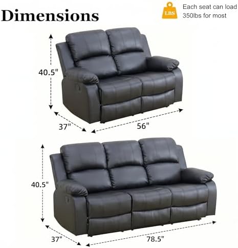 2 Piece Manual Reclining Leather Sofa Set, Reclining Couch Sofa Set Includes 3 - Image 7