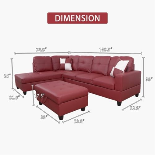 Red L-Shaped 3-Piece Faux Leather Sofa - Image 2