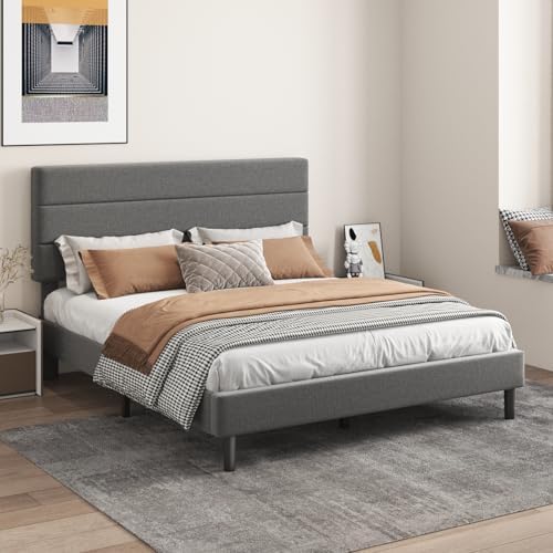 Queen Platform Bed Frame with Adjustable Linen Fabric Upholstered Headboard by Mxhtcewz