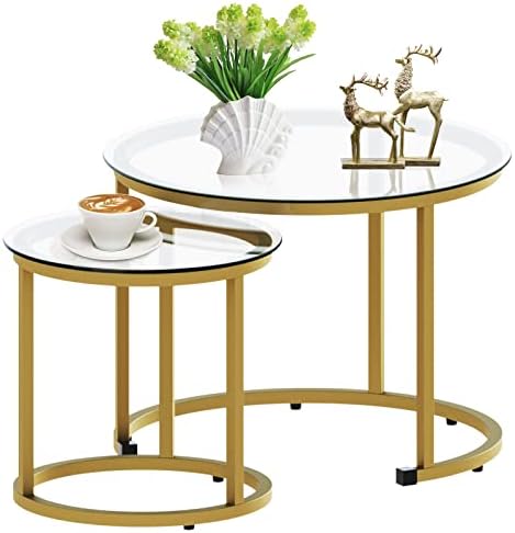 aboxoo Gold Nesting Coffee Table Set of 2, Small Glass Round Nesting Tables by aboxoo
