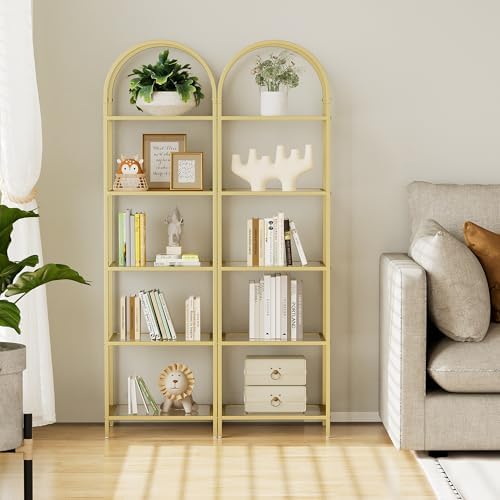 Homhedy 5-Tier Tall Gold Bookshelf, Arched Bookcase - Image 5