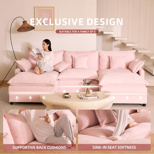 GOSUHI 108" U-Shaped Modular Cloud Couch, Deep Seat, Chenille Pink - Image 3