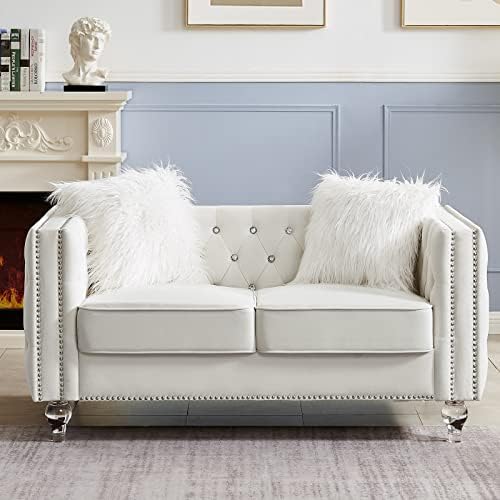 mikibama Velvet Loveseat with Buttons and Square Arms 59 Inch Tufted Sofa with - Image 3